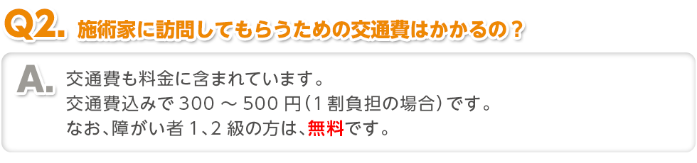 〈Q2.施術家に訪問してもらうための交通費はかかるの？〉交通費も料金に含まれています。交通費込みで300～500円（1割負担の場合）です。なお、障がい者1、2級の方は、無料です。