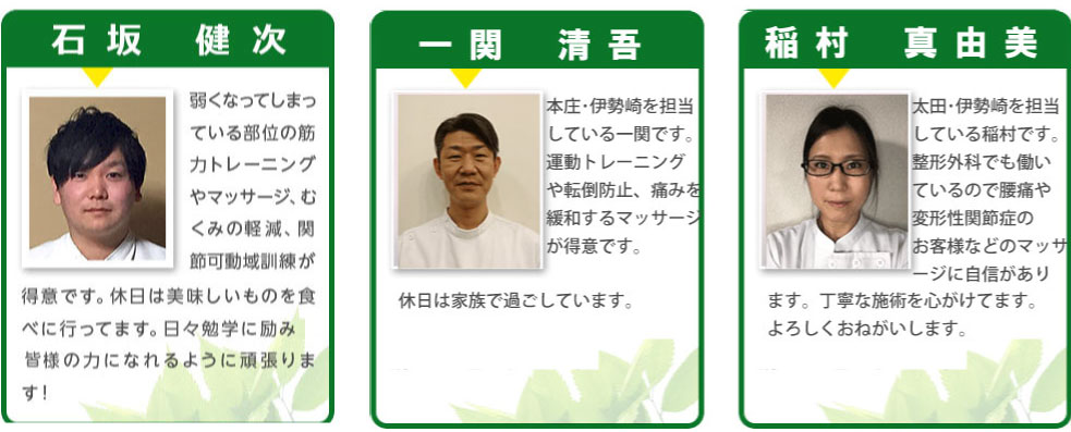
塩田 好浩 本庄の岡病院にて21年、主に脳疾患後遺症のお客様のリハビリ・マッサージを行ってきました。パーキンソン病や変形性膝関節症のお客様にも対応できます。毎月1度カフェでギターライブをしており、ギター教室もしています。
石坂 健次 弱くなってしまっている部位の筋力トレーニングやマッサージ、むくみの軽減、関節可動域訓練が得意です。休日は美味しいものを食べに行ってます。日々勉学に励みお客様の力になれるように頑張ります！
羽賀 直人 桐生の東邦病院にて13年、脳疾患後遺症のお客様のリハビリ・マッサージを行ってきました。現代医学で改善できないお客様に対して違うアプローチで改善を試みます。趣味はギターとピアノです。
